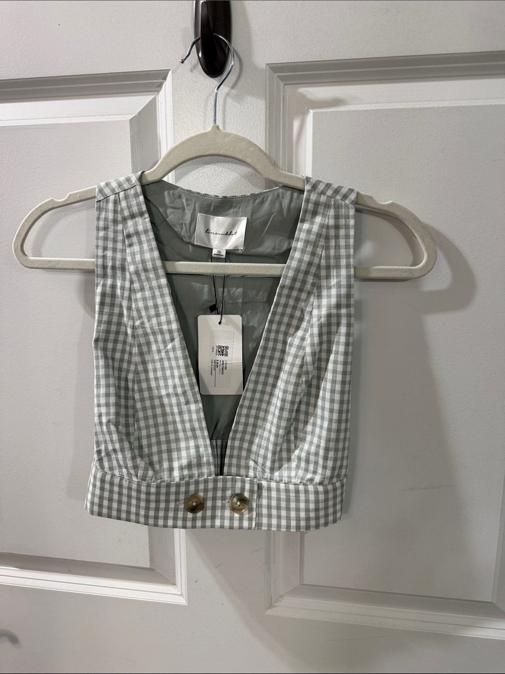 Line & Dot Sage Gingham V-Neck Crop Top